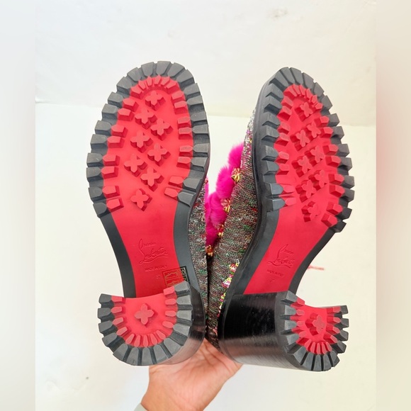 Christian Louboutin Paillettes Fanny 70 Pink Rabbit Fur Heel Combat Boots EU 37 - Picture 8 of 12